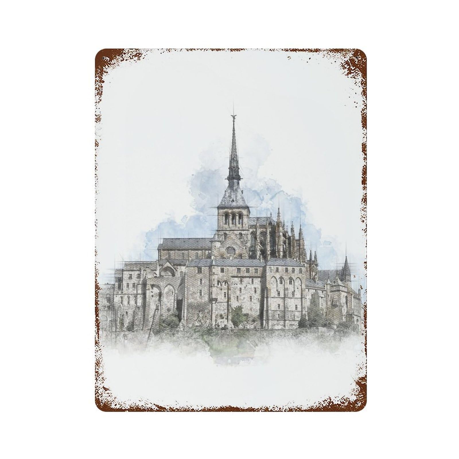 Mont Saint Michel Rustic Tin Plaque 15.7"x11.8", for Living Room, Hallway And Home Decor, Decorative Metal Wall Art