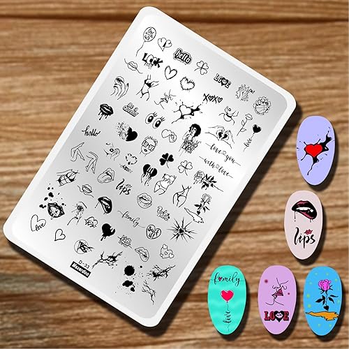 Love Heart Lips Placas de estampado de uñas de San Valentín Impresión de hojas de flores de rosas Placa de arte de uñas Ojos Palabra Diseño de Uñas