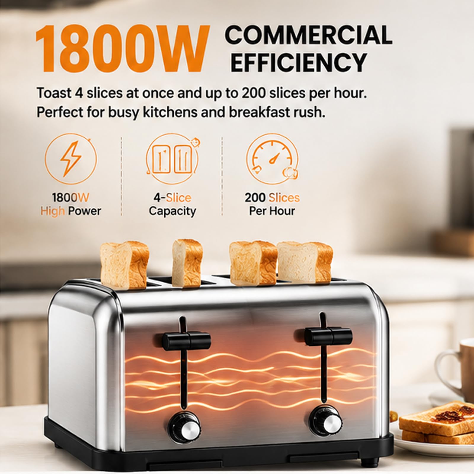 4-częściowy komercyjny toster, 1800W wysoka wydajność z 6 stopniami brumienenia, 1,57" extra szerokie szczeliny/wyjmowana taca na okruchy, na bajgle, tosty i pieczywo