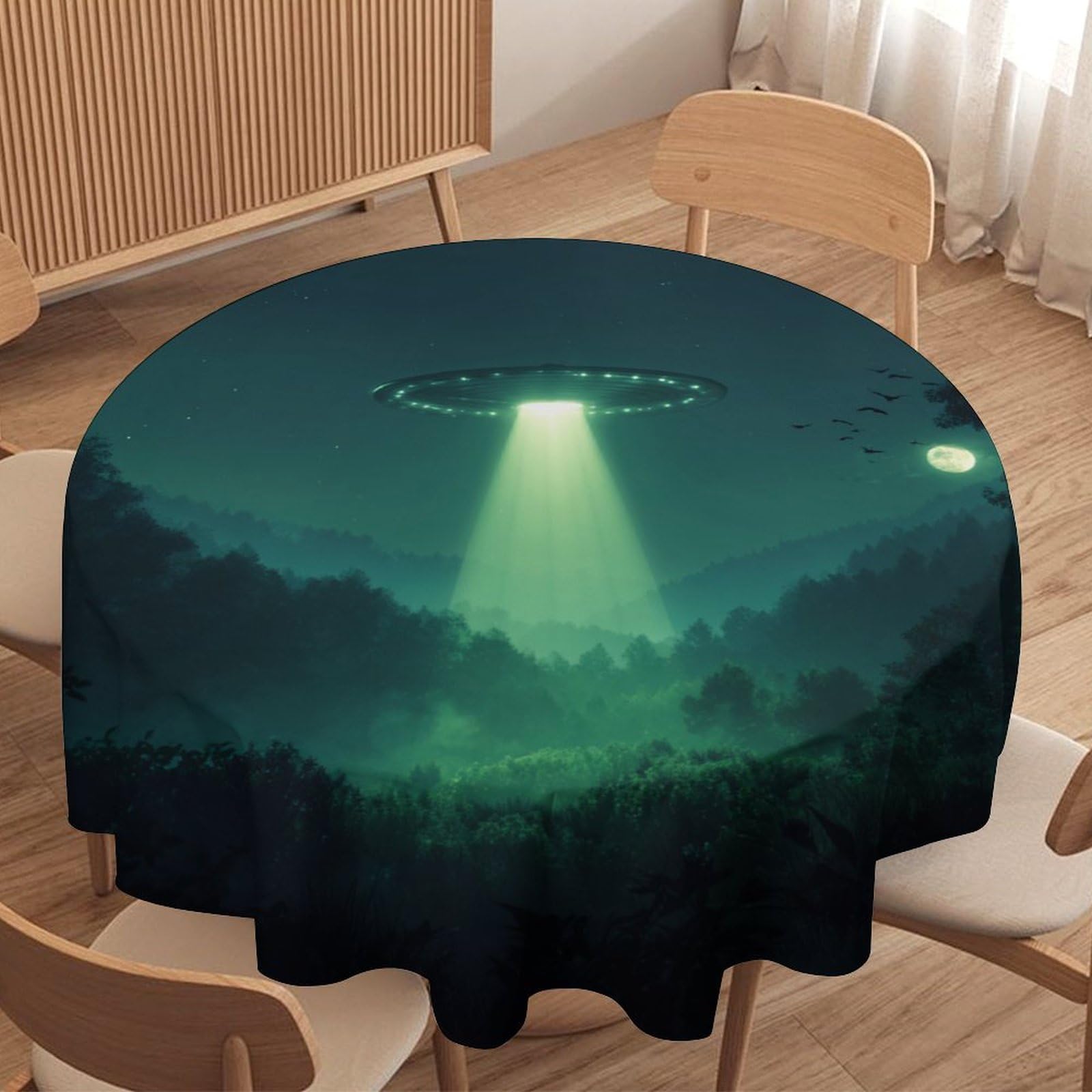 LUYYSKY Rustic Watercolor Alien Spaceship Waterproof Round Tablecloth Funny Comic Full Moon Forest UFO Pattern Washable Table Cover for Kitchen-177.8" Wx177.8 L cm