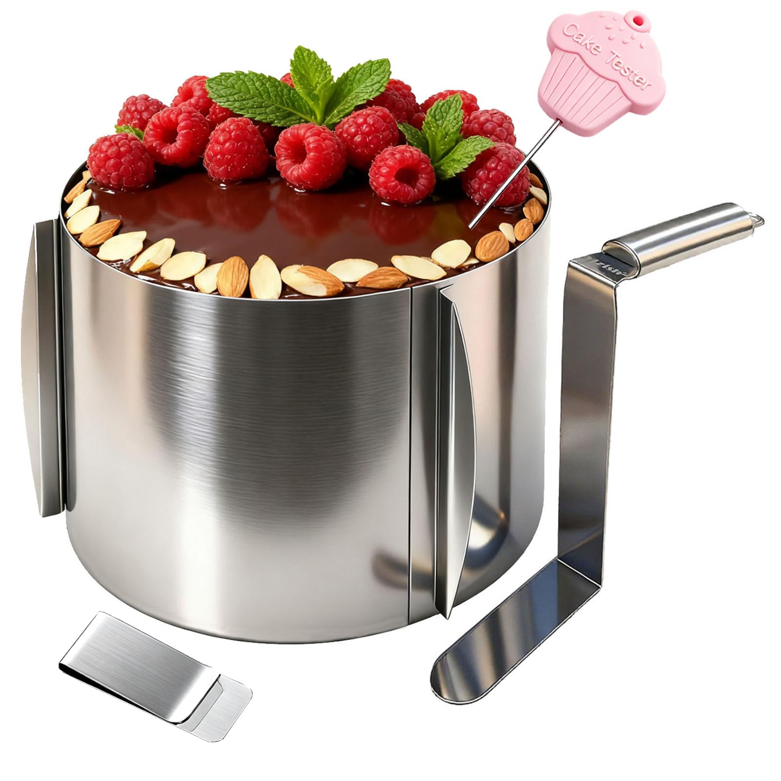 Yizish Pierścień na tort regulowany 15 cm + paleta kątowa do tortu bardzo wysoki 14 cm, 16-30 cm, regulowany pierścień do pieczenia, stal nierdzewna, ze skalą do pieczenia, forma do dekorowania