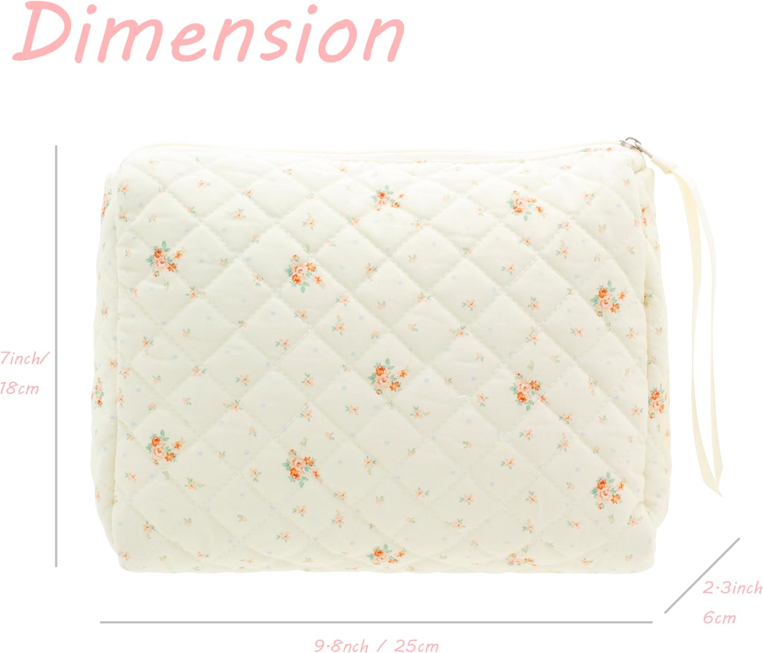 PAZIMIIK Quilted Makeup Bag Large Travel Zipper Soft Cosmetic Pouch for Women Girls Make Up,Floral White image 4