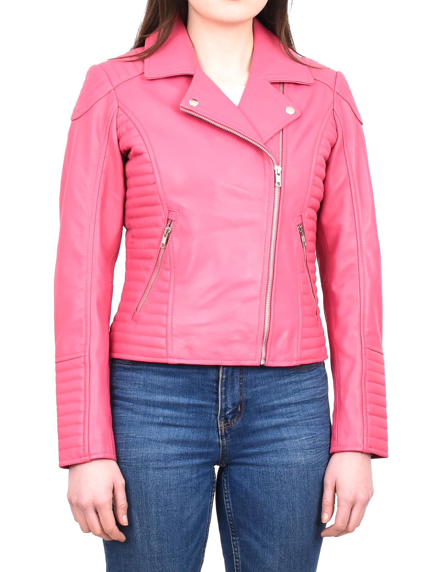 Divergent Retail Womens Handcrafted Leather Cross Zip Biker Style Jacket Slim Fitted Eleganza (UK, Numeric, 22, Regular, Regular, Pink)