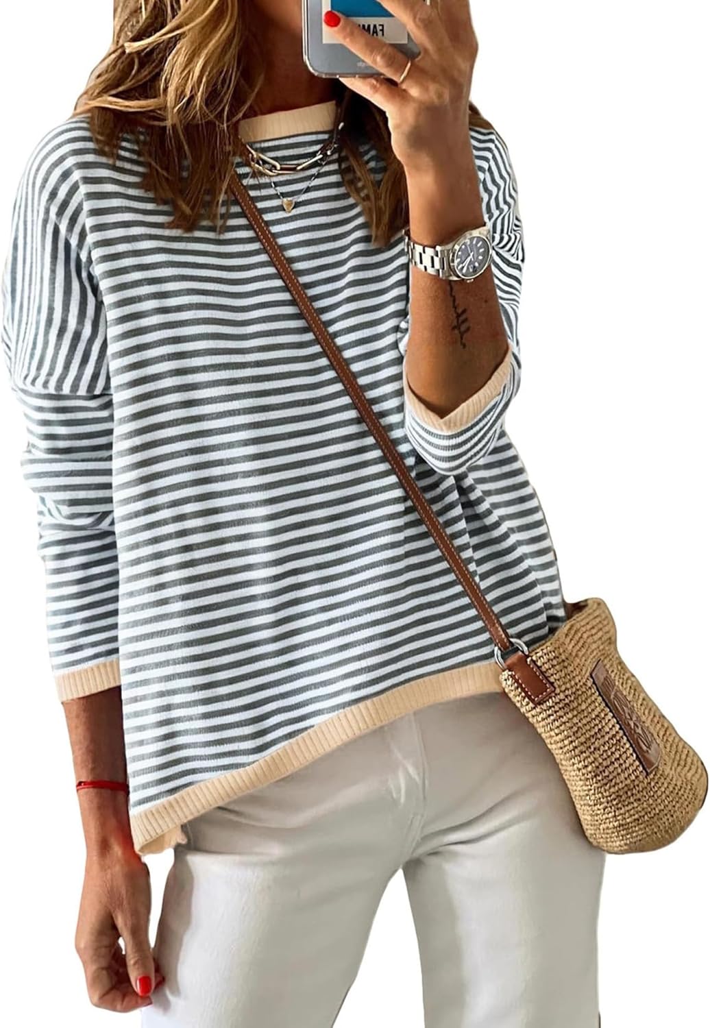 Womens 2024 Striped Long Sleeve Sweaters Fall Crewneck Color Block Shirts Knited Pullover Tops Side Split Grey White Small