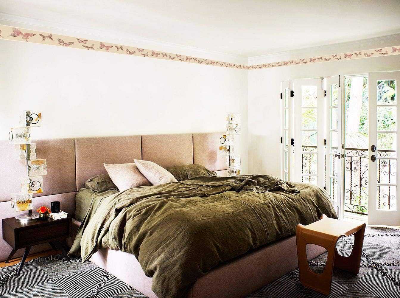 Dundee Deco Wallpaper Border Peel and Stick DDAZBD9048 Nature Pink, Brown, Beige Butterflies Wall Border Retro Design, 15 ft x 7 in (4.57m x 17.78cm), Self Adhesive