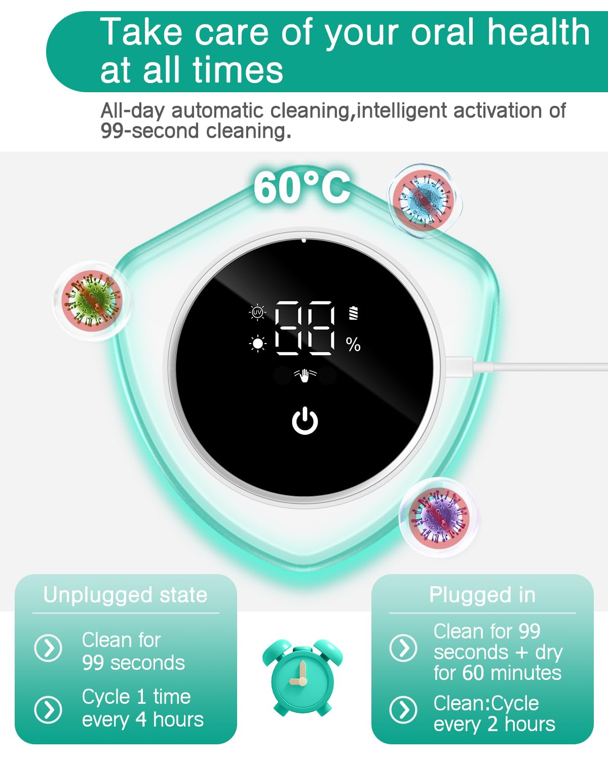 ORIA Desinfectante para Cepillos de Dientes, Soporte Portátil para Cepillos de Dientes Eléctricos y Manuales con Esterilización Programada, Pantalla LED, Recargable para Viajes, Hogar y Negocios