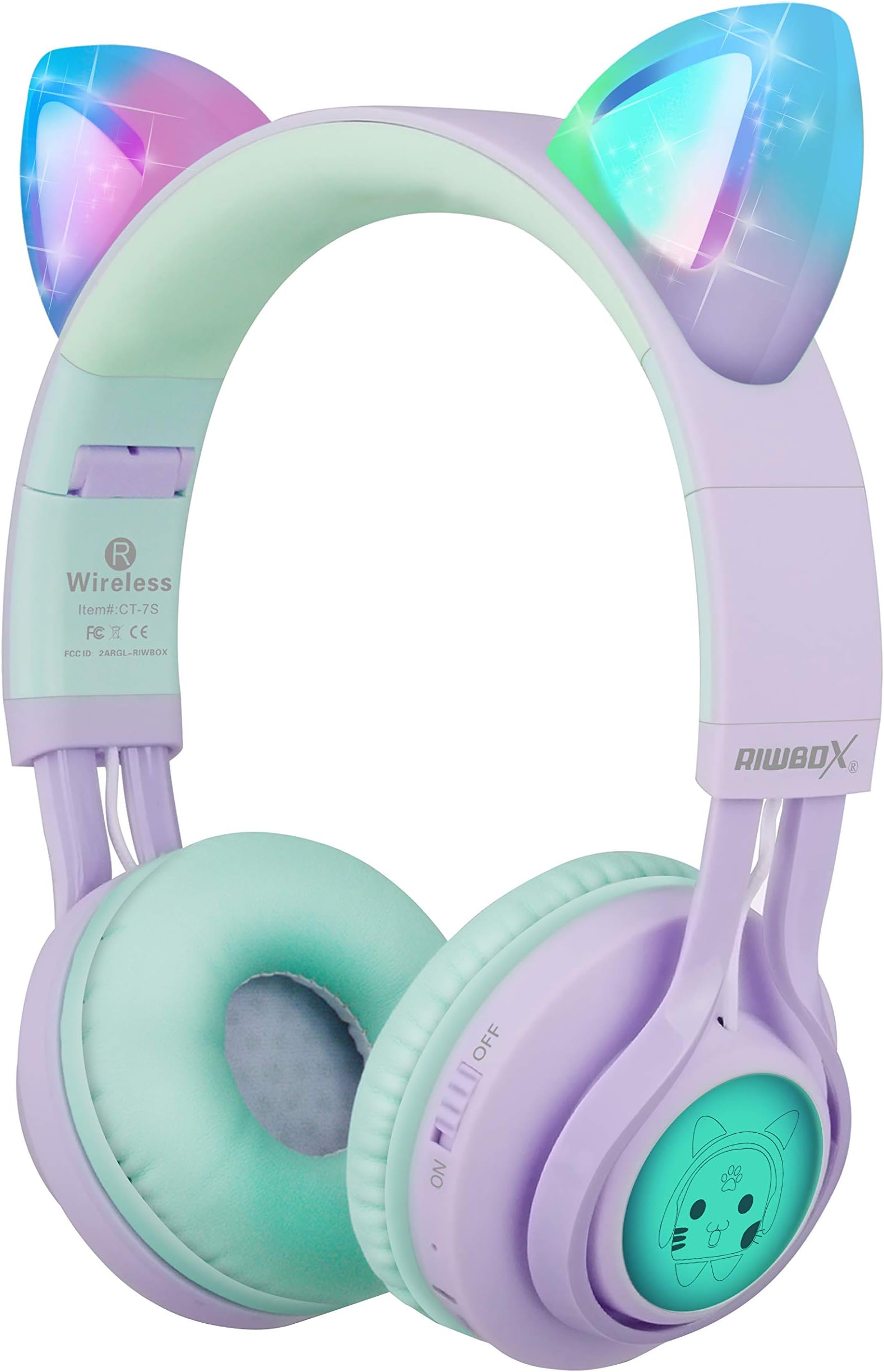 – Riwbox Kids Headphones, CT-7S Cat Ear Bluetooth Headphones Volume Limiting 85dB,LED Light Up Kids Wireless Headphones Over Ear with Microphone for iPhone/iPad/Laptop/PC/TV (Purple&Green)