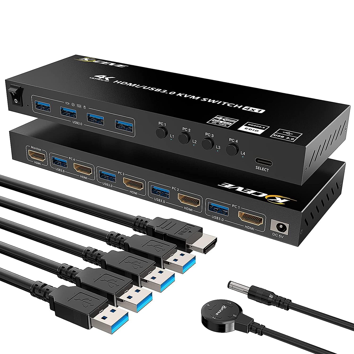 KCEVE KVM HDMI Switch 4 Ports, 4 Computer Switch with EDID Emulator Support 4K @ 60Hz Resolution for 4 PC 1 Monitor Share Mouse Keyboard