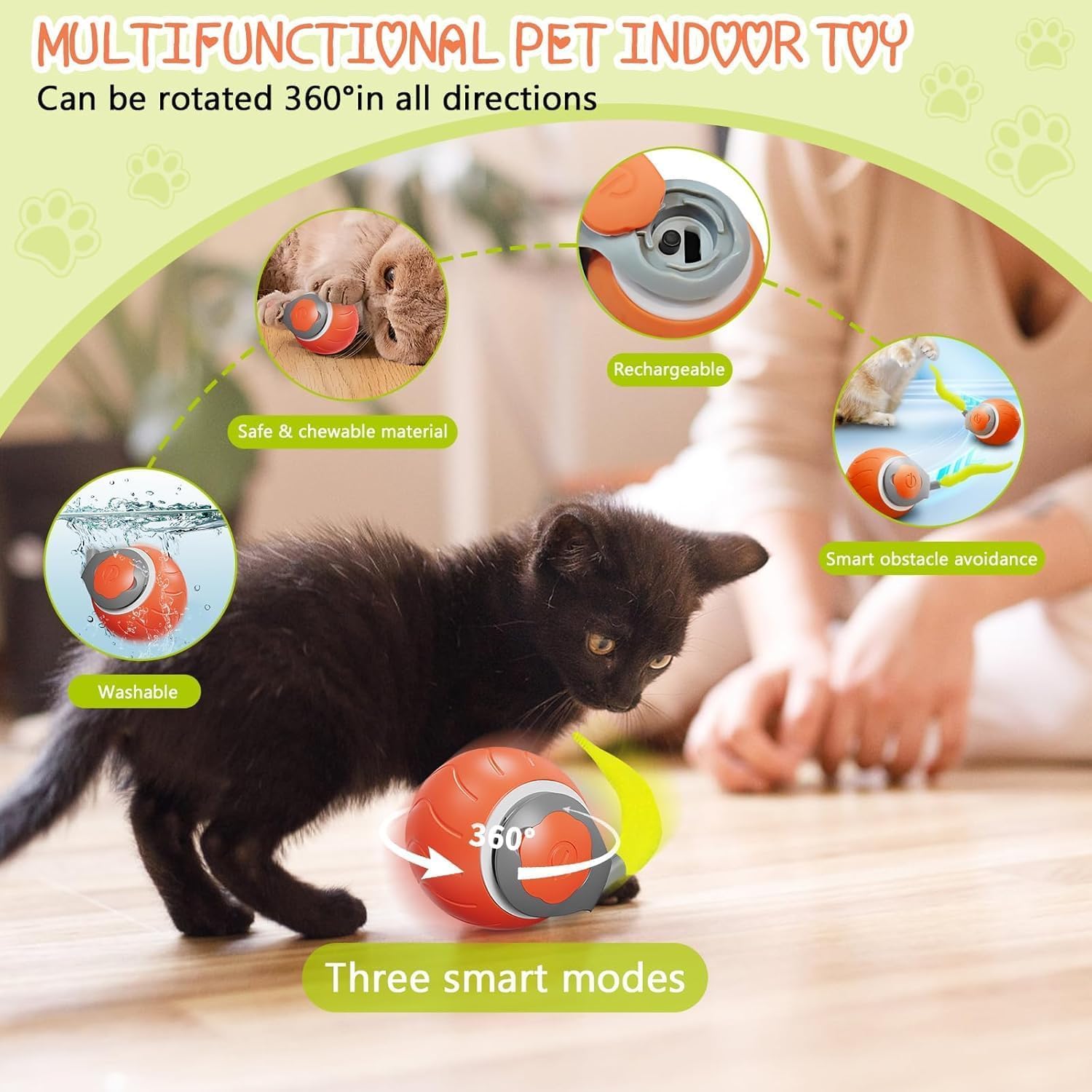 Interactive Cat Ball Toy 2.0 – Smart Moving Ball With 3 Tails & 2 Speeds For Indoor Cats