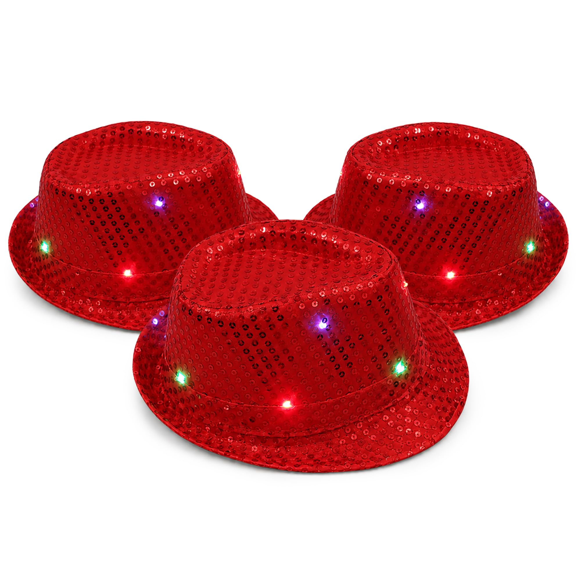 The Fancy Dress® Adult LED Light Up Sequin Trilby Hat, Women Men Multi-Function Fedora Flashing Jazz Hat Cowboy Hat Performance Props Party & Carnival Fancy Dress Up Hats Unisex, 3 Pack Red