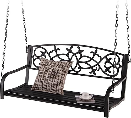 Tangkula Columpio de porche para 2 personas, banco colgante de patio con cadenas, respaldo y reposabrazos, silla clásica de metal para exteriores