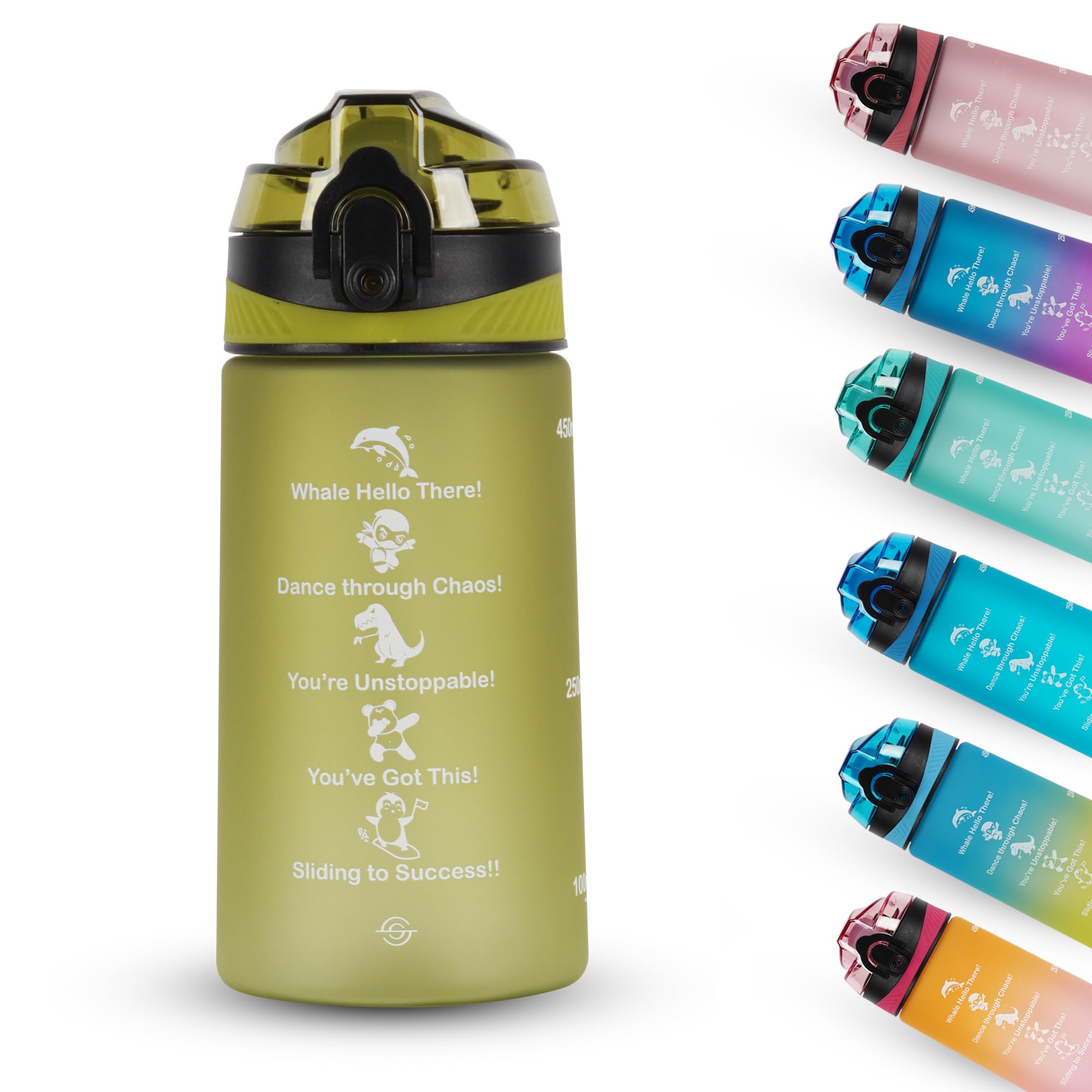 SOLARA Sipper Water Bottle for School Kids 500ml, Leakproof, Durable, BPA-Free Tritan with Motivational Time Marker, Perfect Kids Bottle for School, Home, Gifts & Outdoor, Green Apple (2+ Years)