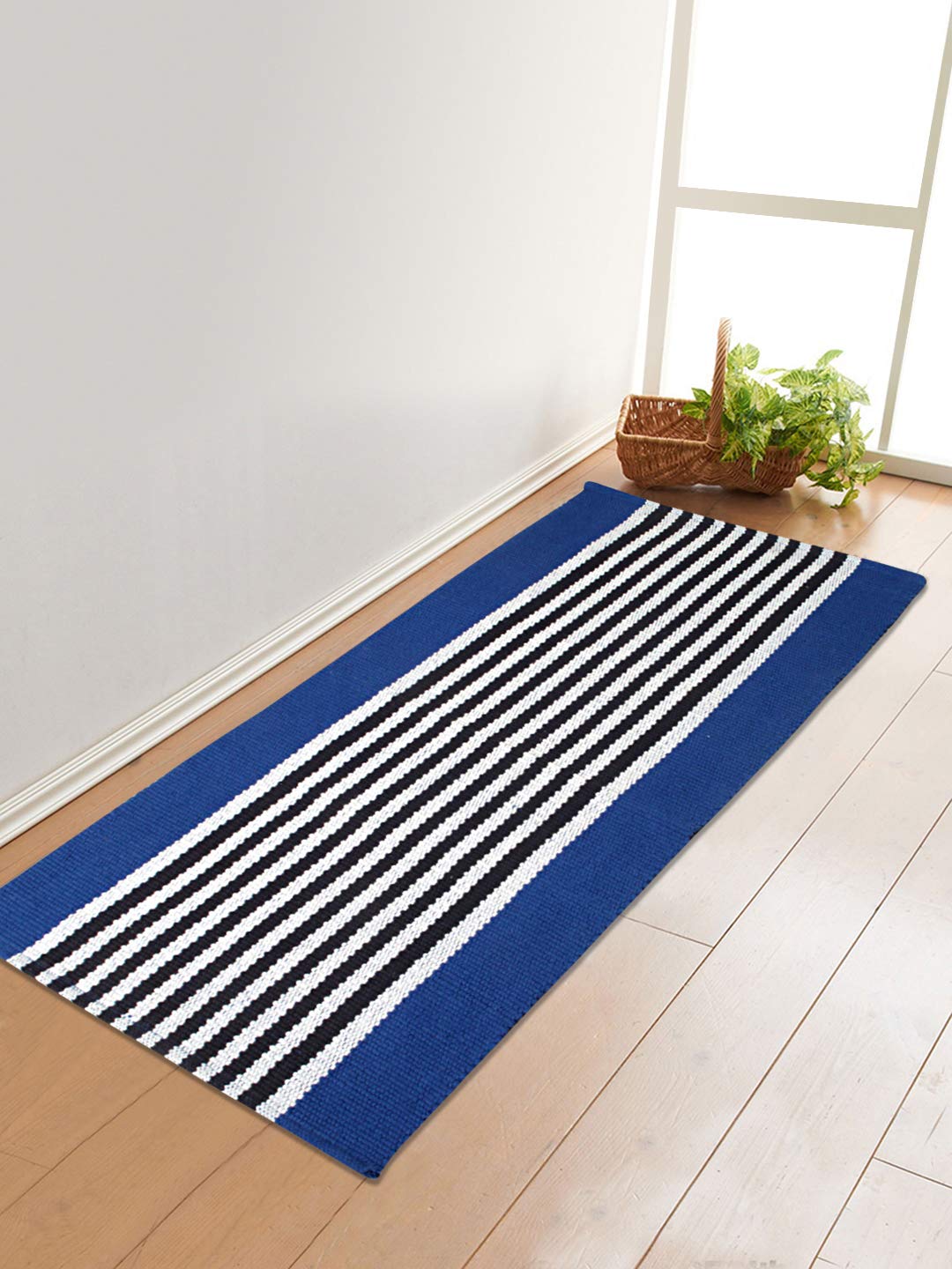 Saral Home Striped Designer Soft Cotton Durable & Washable Multipurpose Rugs/Runner | Quick-Drying Rugs for Home/Kitchen/Living Area/Lobby/Office Entrance with Anti Skid Backing (Blue, 45 Cm X 180 Cm)-picture-12