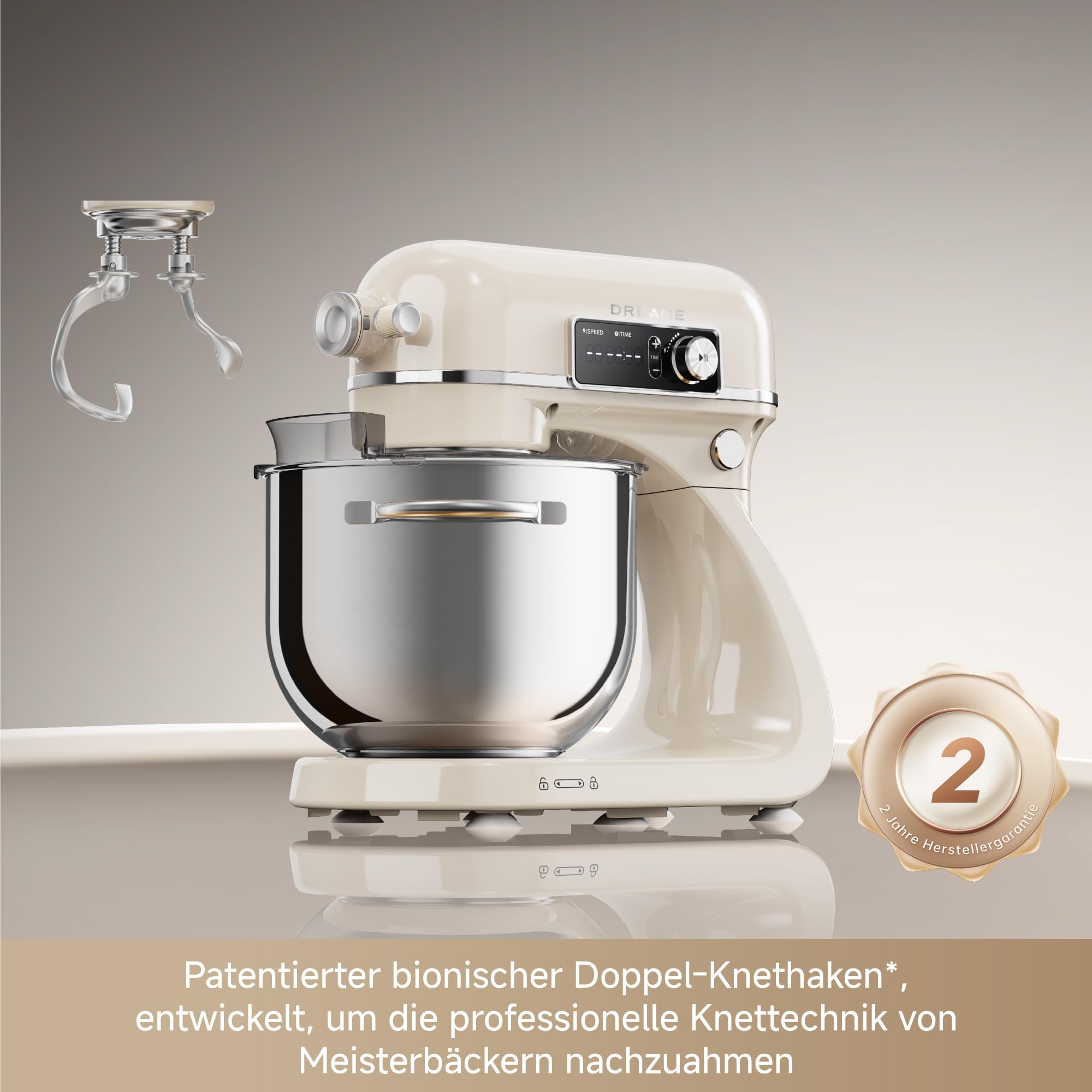 Dreame BioKnead™ Küchenmaschine mit Rührschüssel. Patentierter Doppelknethaken und leiser 800-W-DC-Motor für 6-L-Schüssel. Digitales Display, 12 Geschwindigkeiten