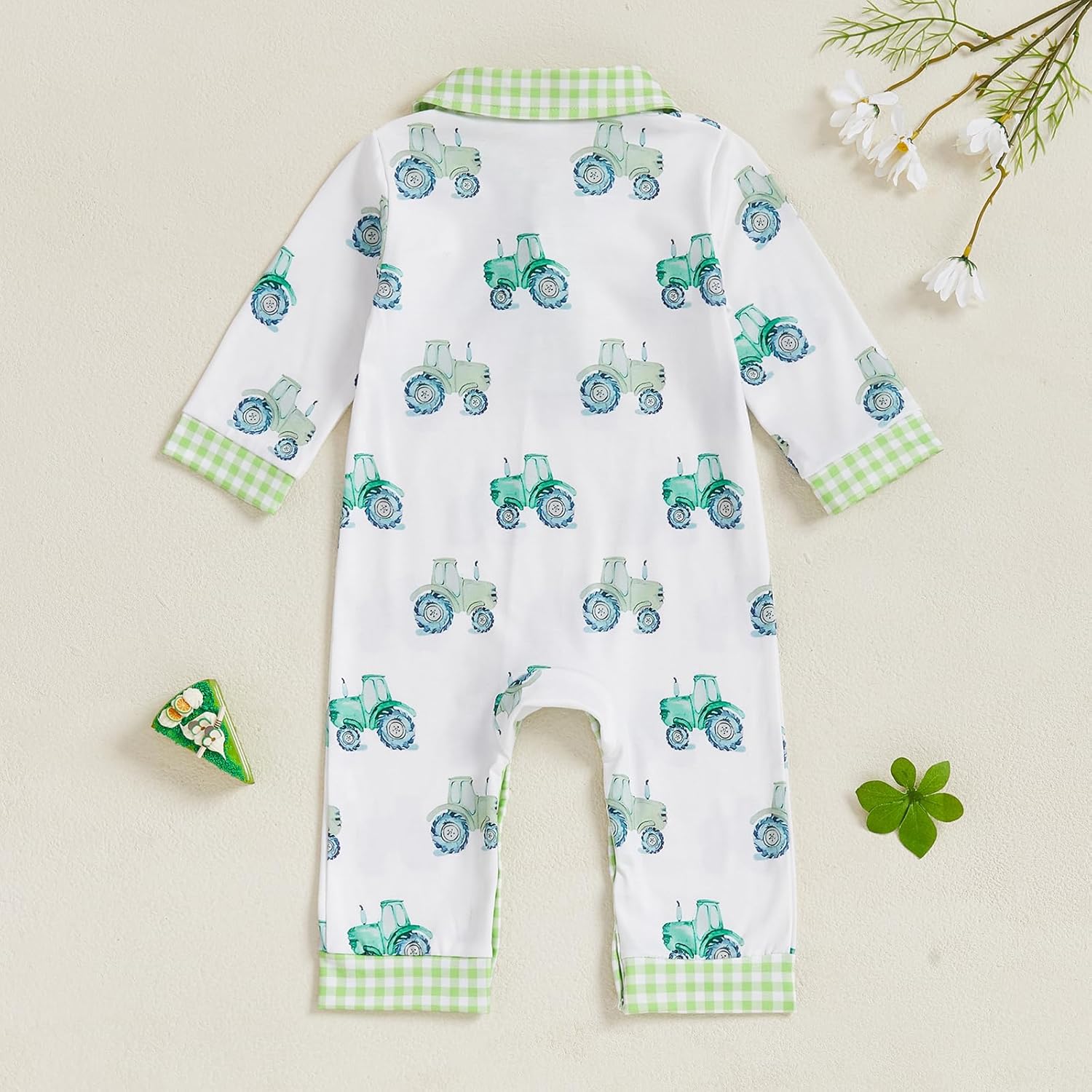 Newborn Baby Boy Fall Outfit Tractor Print Long Sleeve Romper Polo Bodysuit Plaid Jumpsuit Farm Country Clothes - Image 7