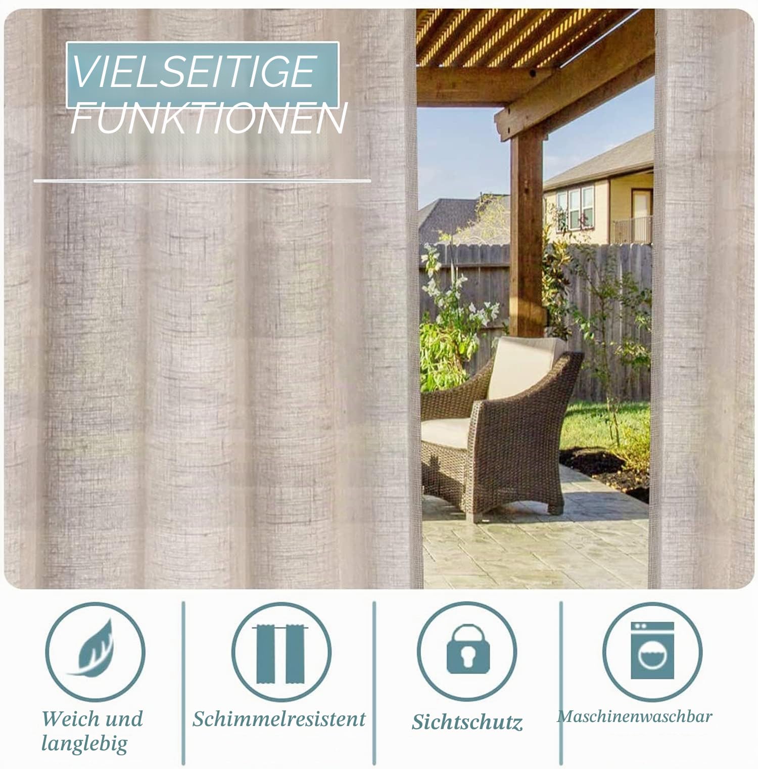 Outdoor Vorhänge, Abnehmbares, Klebriges Tab-Top Zum Einfachen Aufhängen Und Abwickeln, wasserdichte Außenveranda Mit Weißem Gardinen-Innendeck Im Freien, 2 Paneele (2X 132x240 cm,Natürlich)