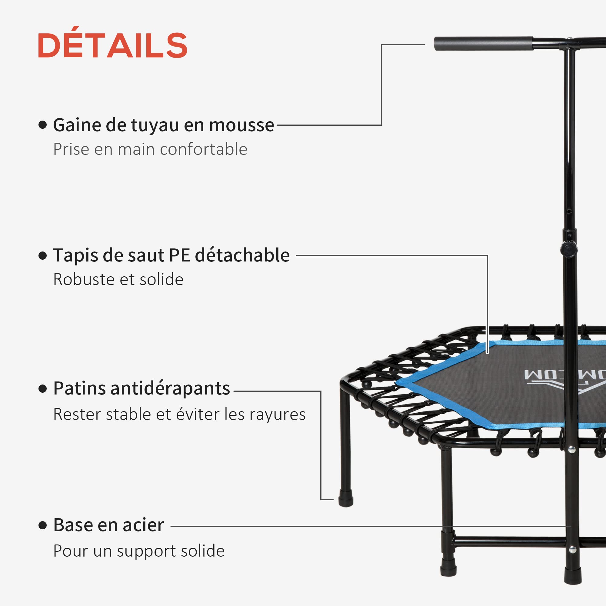 Trampoline De Fitness Ø 100cm Avec Guidon Réglable - 30 élastiques Bungee - Cardio & Muscu à La Maison