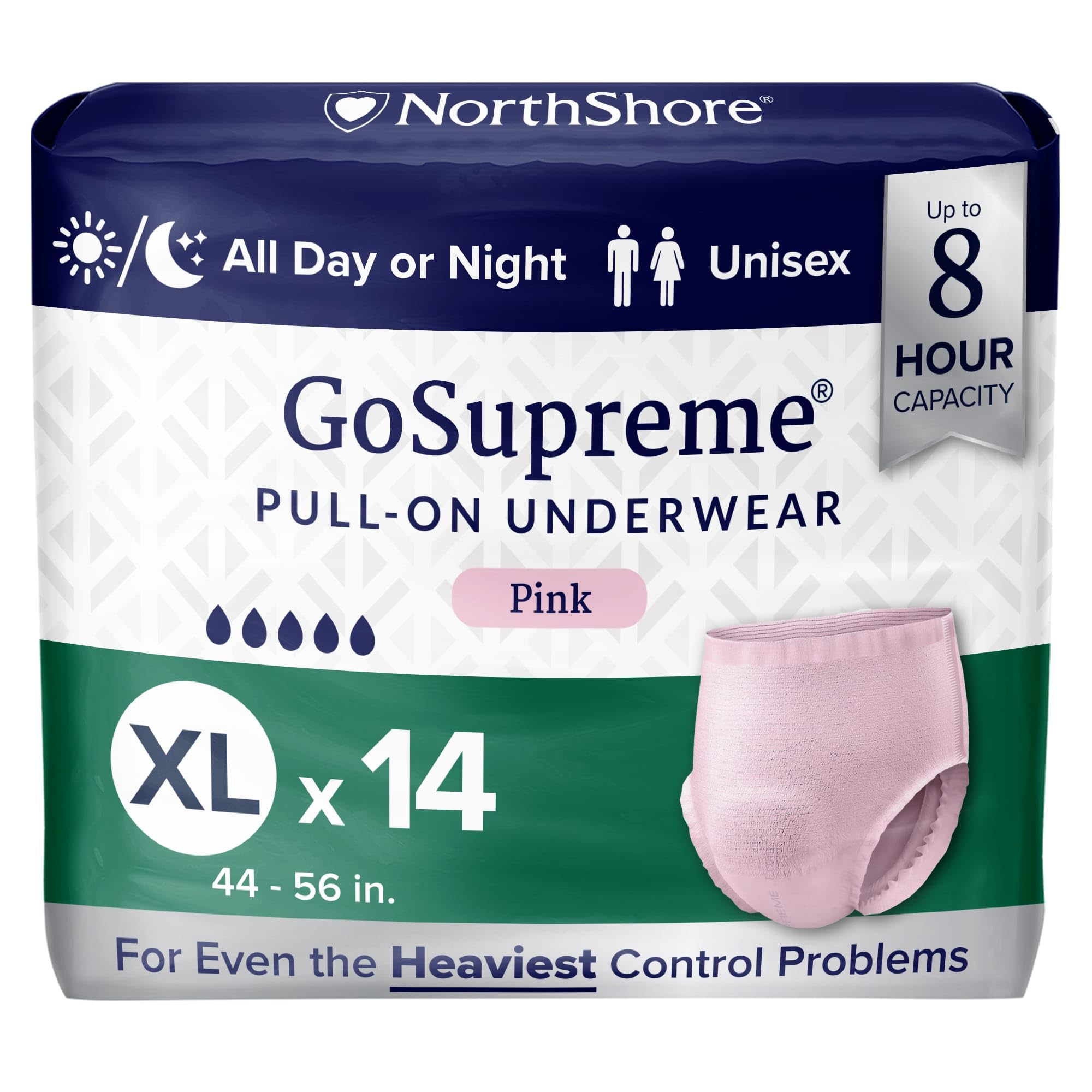 NorthShore GoSupreme Overnight Pull-On Underwear, 8-Hour Leak Protection, X-Large, 14-Count Bag, Pink, (44-56 in Waist), Unisex Adult Diapers