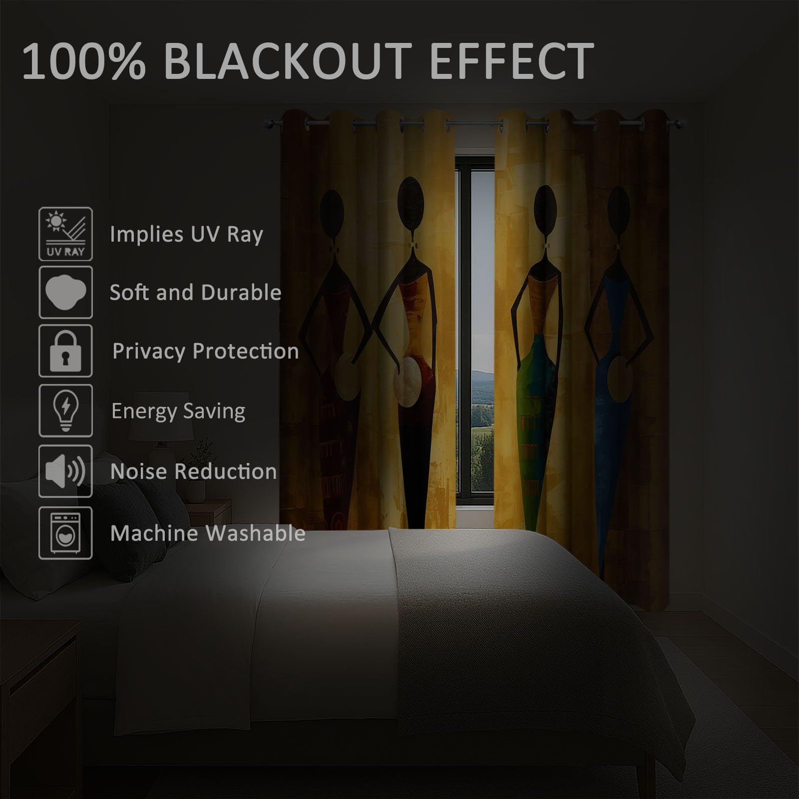 Tende Oscuranti per Interni 2 Pezzi 140x260 cm (LxA), Africa Donna Astratta Tenda Coprente per Soggiorno, Termiche Isolanti Oro Tendaggi per Interno Finestra per Salotto Cucina