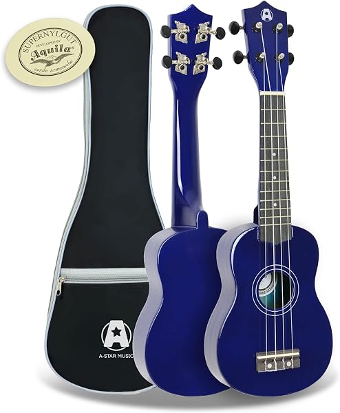 A-Star Ukulele sopranowe dla początkujących w kolorze niebieskim ze strunami Premium Aquila, bezpłatna wyściełana torba