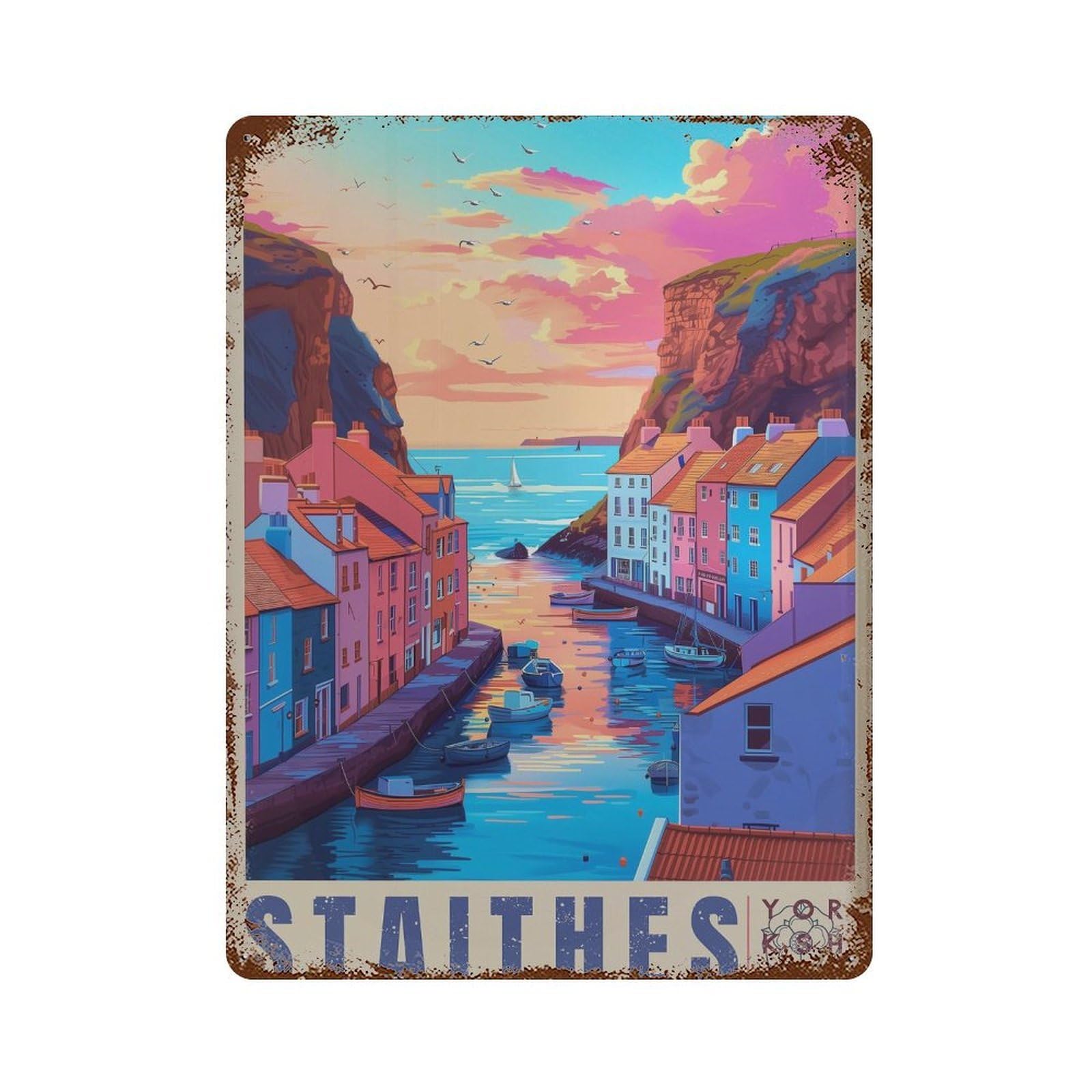 xiaoxiaoshen Staithes Travel Yorkshire Coast UK Wall Decor Art Metal Tin Poster Modern Home Decor Art Home Bar Shop Decorations Vintage Sign 40x30cm