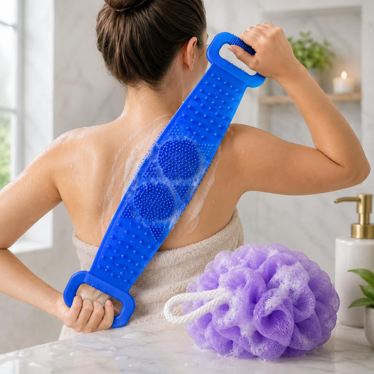 Everwood Silicone Bath Belt Body Scrubber with Soft Mesh Pouf | Long Handle Back Scrubber for Men & Women | Deep Cleansing Exfoliating Bath Brush | Quick Dry & Hygienic | Blue & Purple 1