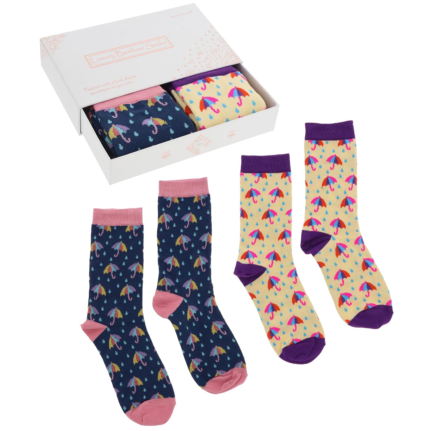 Equilibrium Unisex Multicolor Ladies Bamboo Socks Gift Box Rainy Day – Luxury Soft Breathable Sock Set With Umbrella Pattern – Ideal Women’s Gift