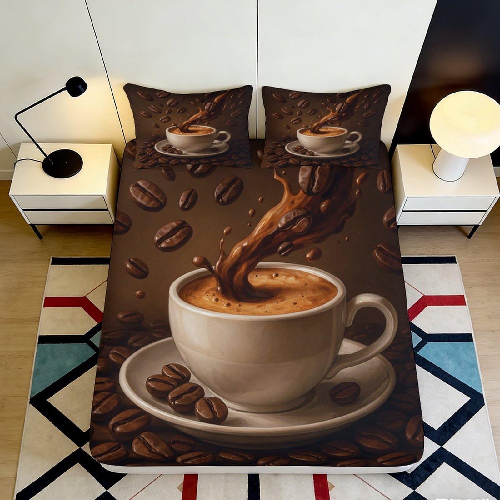 Zfldkwgb Style-3 3D Printed Coffee Splash Fitted Sheet Microfiber Brown Bedroom Decor Coffee Beans Mattress Cover For Home Guest Room 90X200x25cm