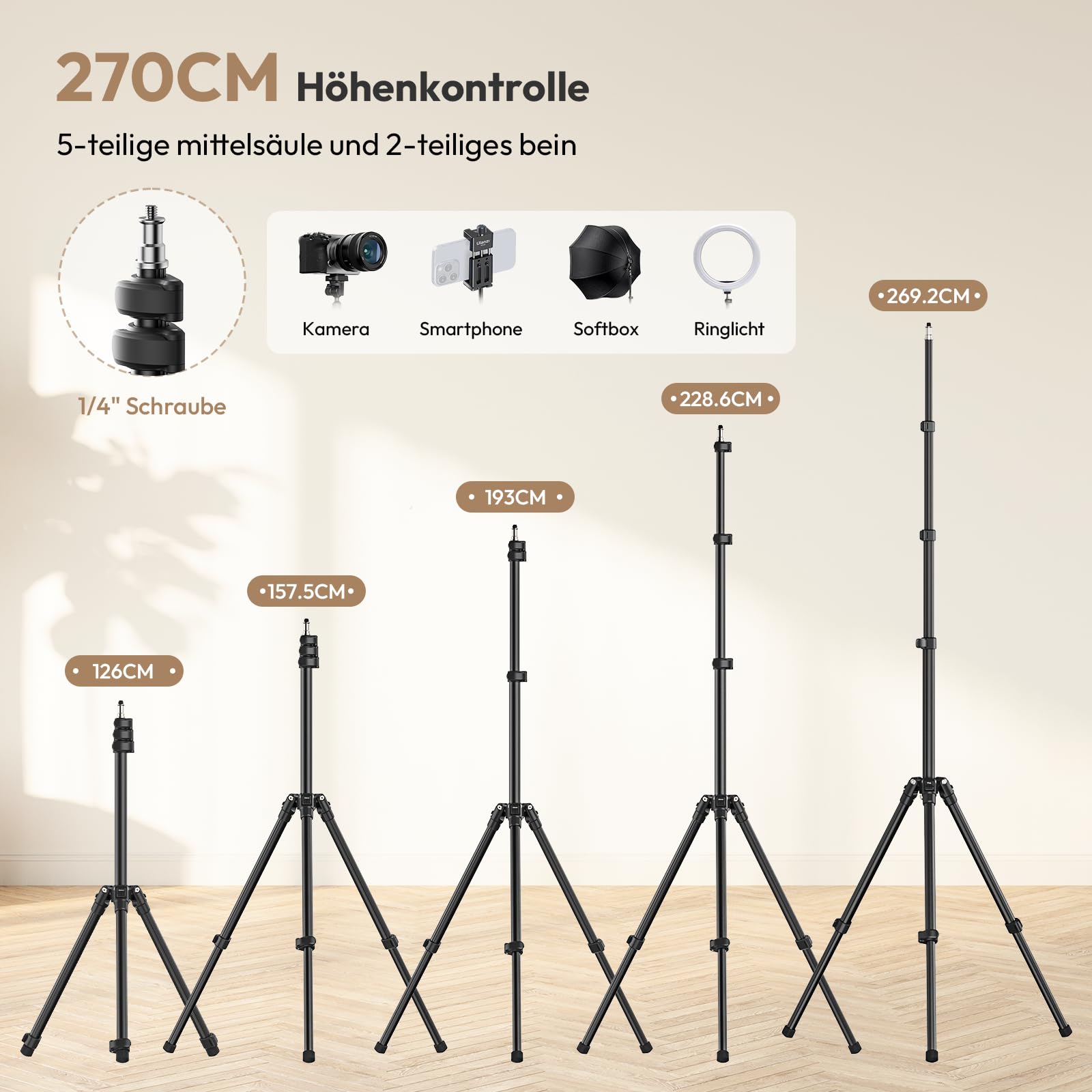 Ulanzi T270 270cm Lichtstativ, Aluminium Lampenstativ, Tragbares Stativ Kamera,Belastbar bis 6kg,Höhenverstellbares Lichtstativ, 1/4" Schraube Stativ Licht für Fotografie,Studiolicht,Ringlicht,Softbox