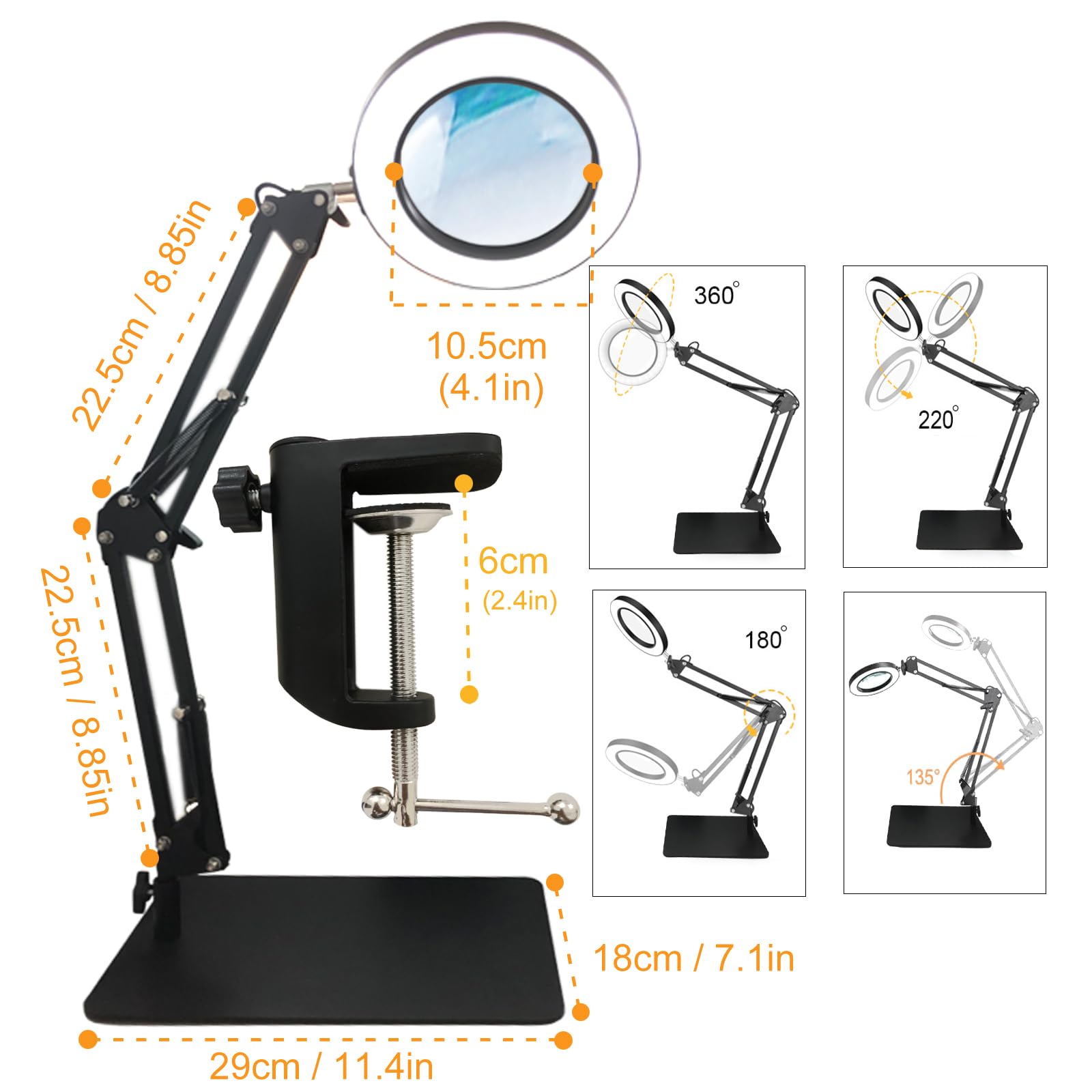 Lupa Con Luz, Lámpara De Escritorio Led 10X Lupa Con Abrazadera Y Base 5 Modos De Color 10 Luz De Abrazadera Regulable Sin Escala Para Mayores Ayuda De Lectura Lámpara De Trabajo Joyería Negra