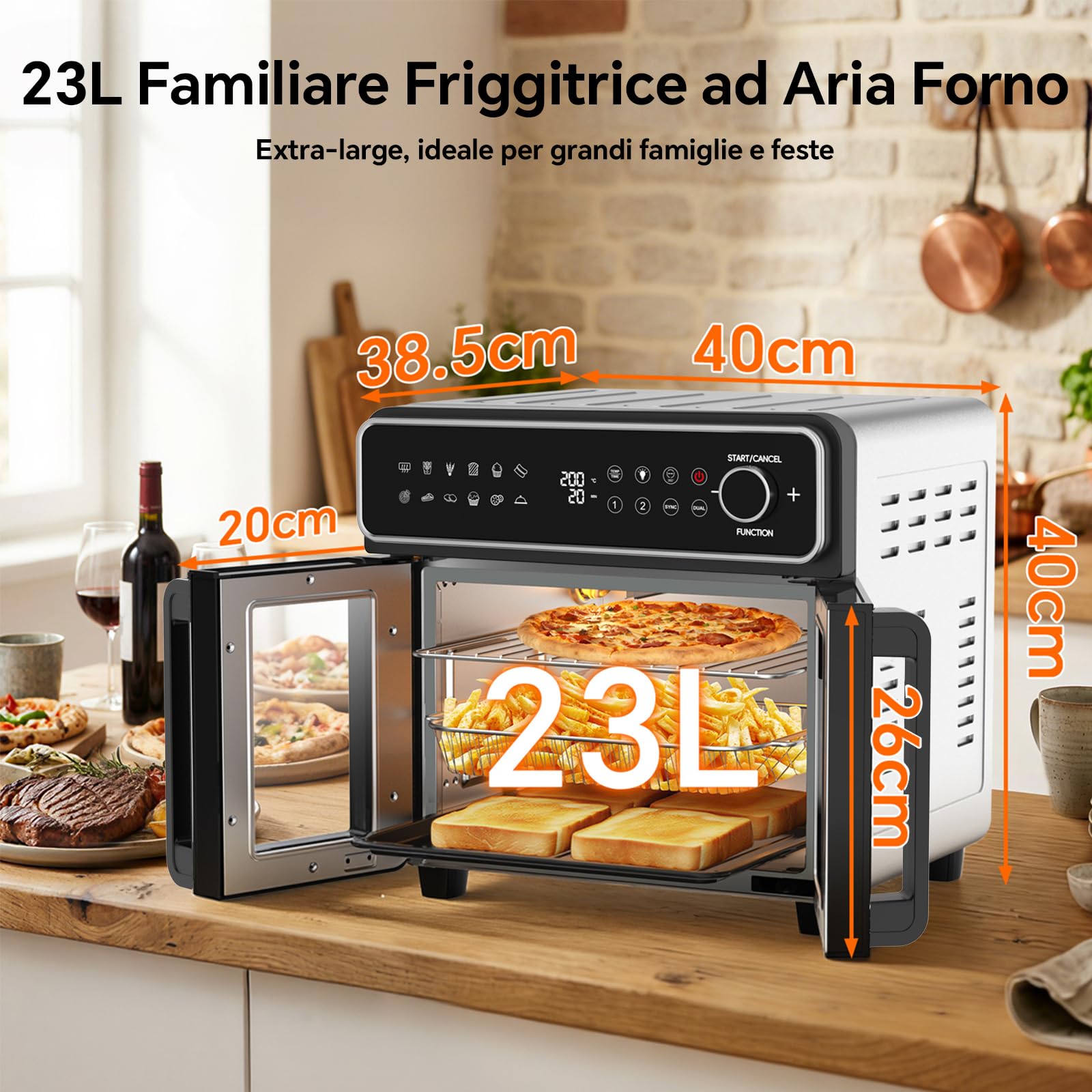 Emphsism Freidora de Aire 23L XXL - Mini Horno Eléctrico Zona Flexible, Doble Puerta Freidora Aire Temperatura Independiente 200°C, 12 en 1 Air Fryer Ventana Luz Interna & Recetas, para Familias
