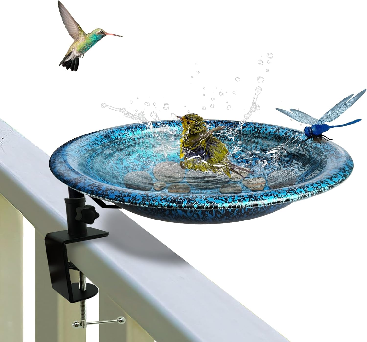TIANCENTRALH Deck Mounted Bird Bath - 11.5 Inch Blue Black Outdoor Bird Feeder with Sturdy Clamp, Easy No-Tool Setup for Garden Patio