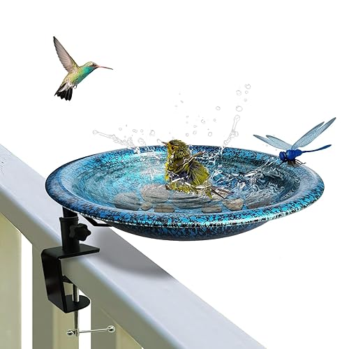TIANCENTRAL H Deck Mounted Bird Bath for Outside, Detachable Birdbath Bowl with Sturdy Clamp,Easy Setup Outdoor Bird Feeder for Garden Patio Lawn Yard Decoration-11.5 Inch Blueblack