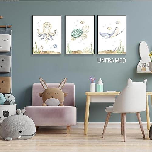 Miniatura 5 de Yuaruo Lienzo decorativo para la pared del cuarto del bebé, 3 piezas bajo el mar, póster de arte artístico de tortuga acuática de la vida linda con