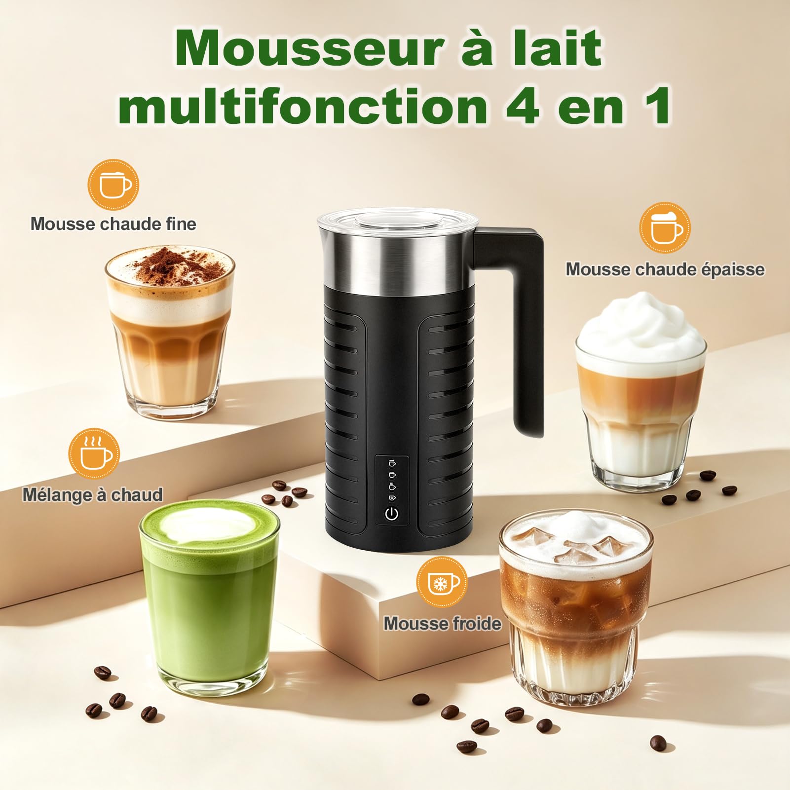 Mousseur à lait électrique 4-en-1, Lave-vaisselle, silencieux <50dB