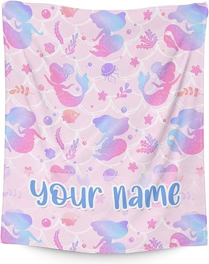 Custom Mermaid Blanket Throws with Name - 50x60 Inches Cute Throw Blanket for Girls - Blue Soft Fuzzy Blankets for Couch & Office
