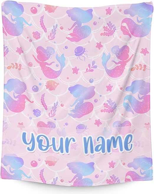 Custom Mermaid Blanket Throws with Name - 50x60 Inches Cute Throw Blanket for Girls - Blue Soft Fuzzy Blankets for Couch & Office