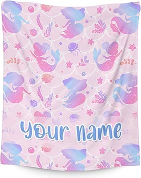 Custom Mermaid Blanket Throws with Name - 50x60 Inches Cute Throw Blanket for Girls - Blue Soft Fuzzy Blankets for Couch & Office