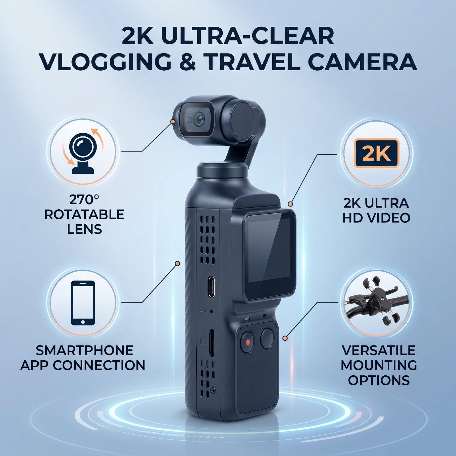 Sxhlseller Videocamera Portatile POV con Obiettivo Ruotabile 2K | Videoregistratore Portatile, Stabilizzazione Elettronica, Registrazione di Vlog di Viaggio, Action Cam