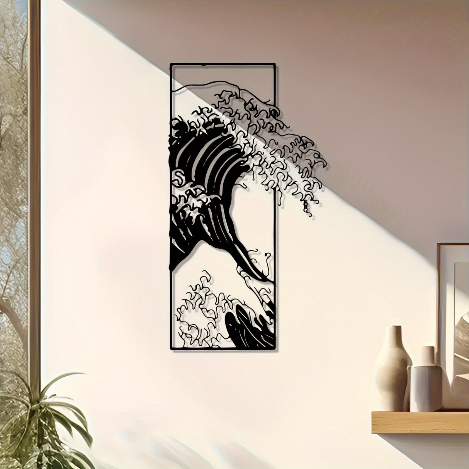 Decoración de pared abstracta contemporánea de metal La Gran Ola de Kanagawa - Mural de estatua de hierro estilo Hokusai, temática costera para interiores/exteriores, regalo único de Navidad y pa