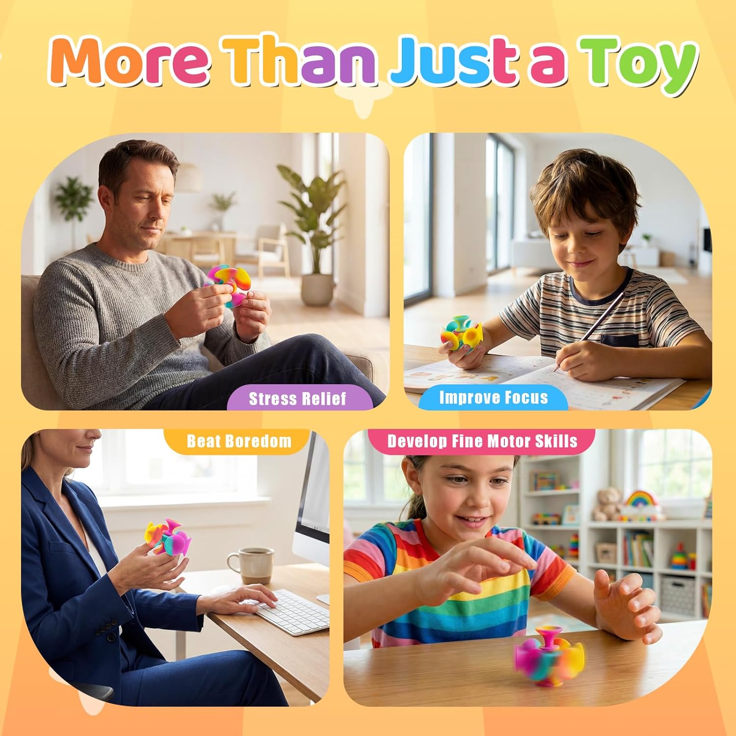 Kiditos Suction Cup Spinner Toys, 4 Pack Sensory Fidget Toys for Toddlers, Kids & Adults, Screen-Free Stick and Spin Toy for Window, Table, Bathtub, Car Rides, Travel, Office Desk, Party Play