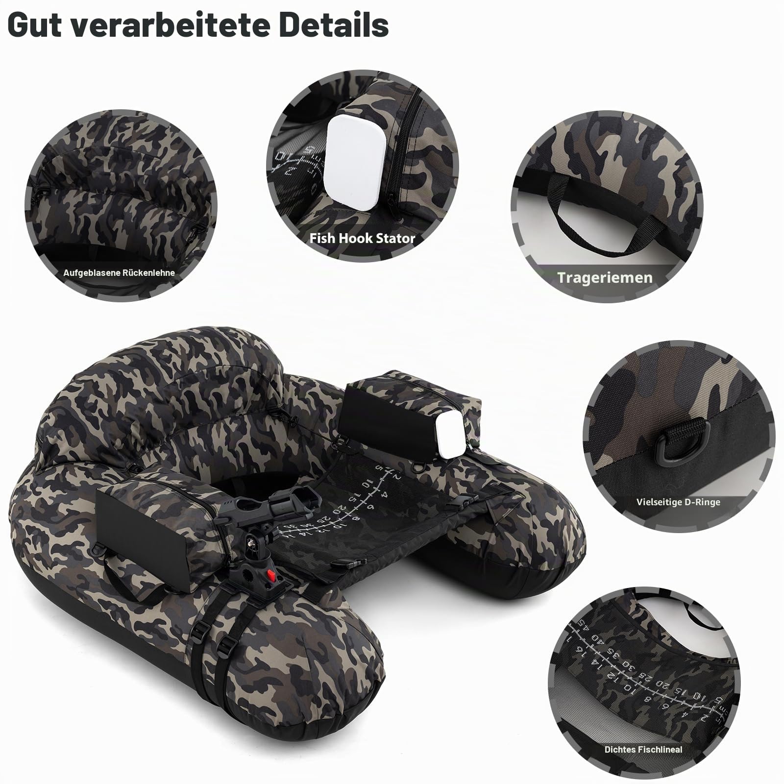 HOMASIS Schlauchboot, aufblasbares Angelboot mit Pumpe, Alu-Paddel & Flossen, Fischerboot mit Verstellbarer Angelrutenhalter & Fischhakenstator, Belly Boat 150 kg belastbar, 111x104x46cm