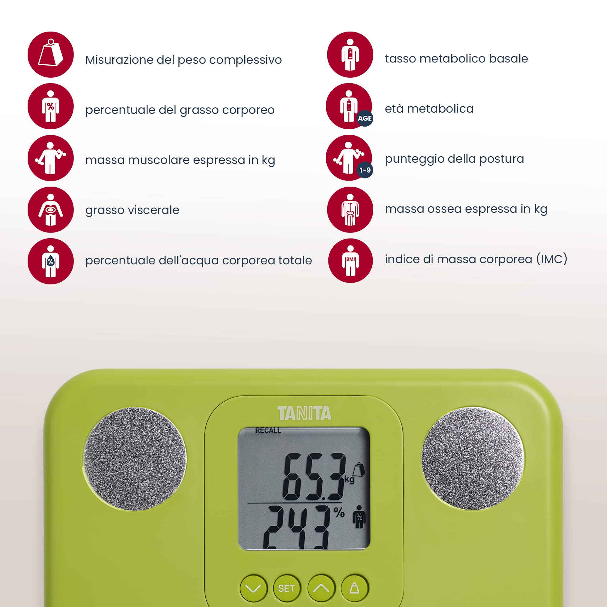 TANITA Monitor di composizione corporea Innerscan compatto leggero BC-730 Display di facile lettura 9 misurazioni Verde