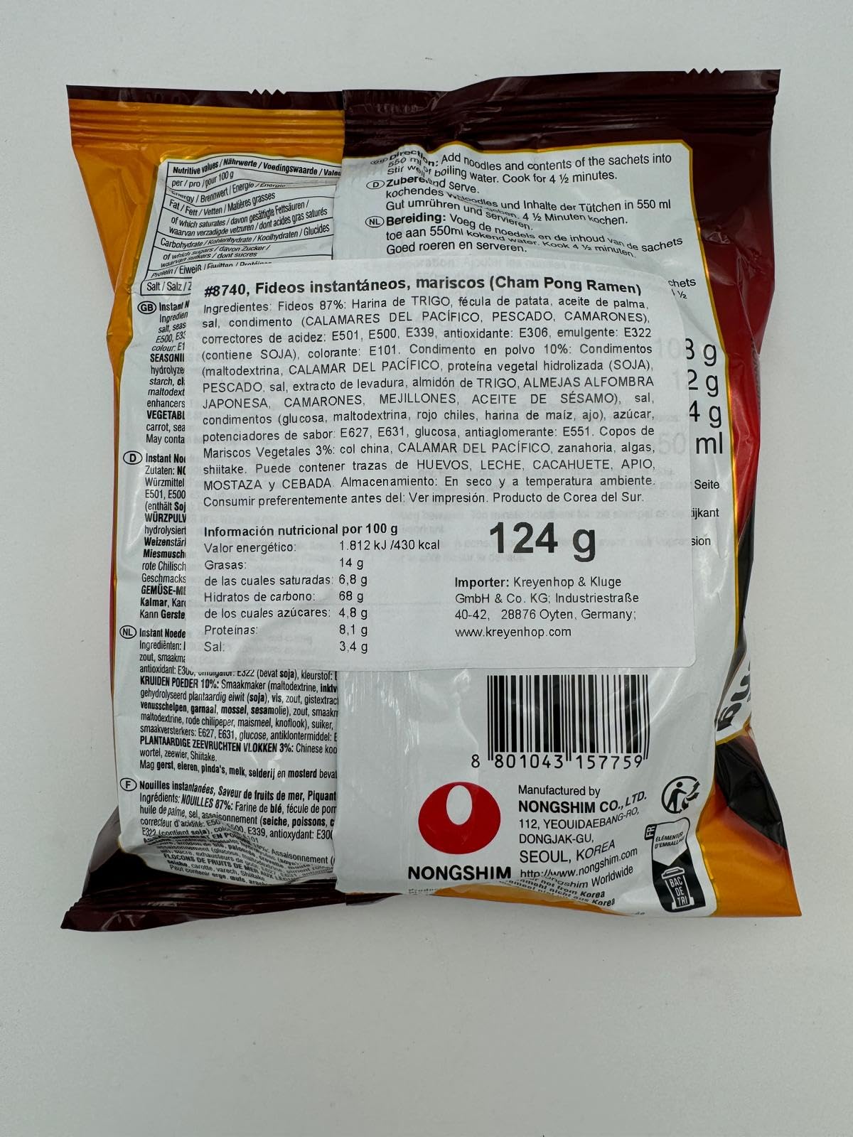 Nongshim Fideos Instantáneos Sopa Champong 20x124gr