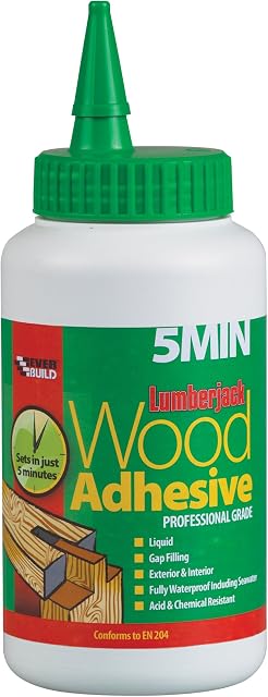 Everbuild Lumberjack 5min Polyurethane Wood Adhesive Liquid | Fully Waterproof, Acid & Chemical Resistant - Suitable for Wood Jointing and Construction - 750g