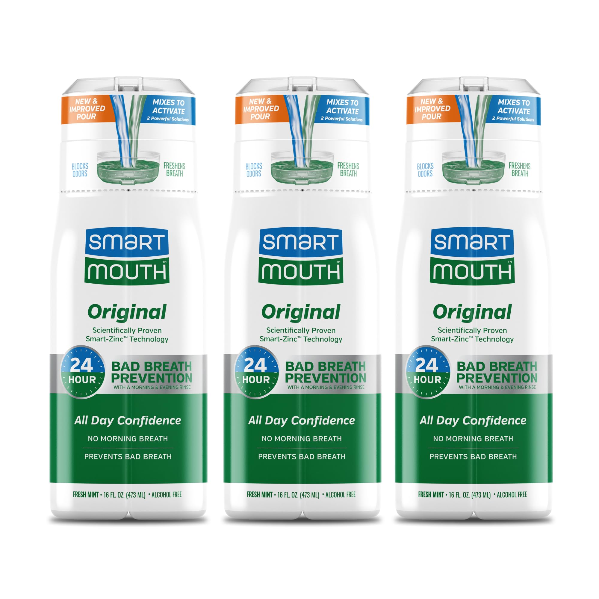 SmartMouth Original Activated Mouthwash - ((BB: 03/2028))Adult Mouthwash for Fresh Breath - Oral Rinse for 24-Hour Bad Breath Relief with Twice Daily Use - Fresh Mint Flavor, 16 fl oz (3 Pack)
