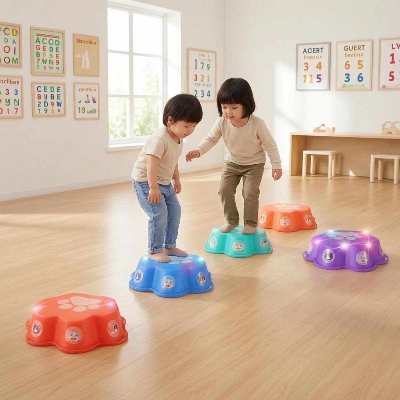 Almencla Balance Stepping Sensoriales Apilables para Niños Juguetes Musicales con Luces Y Base Antideslizante Material PP Resistentes Adecuados, 5 Uds.