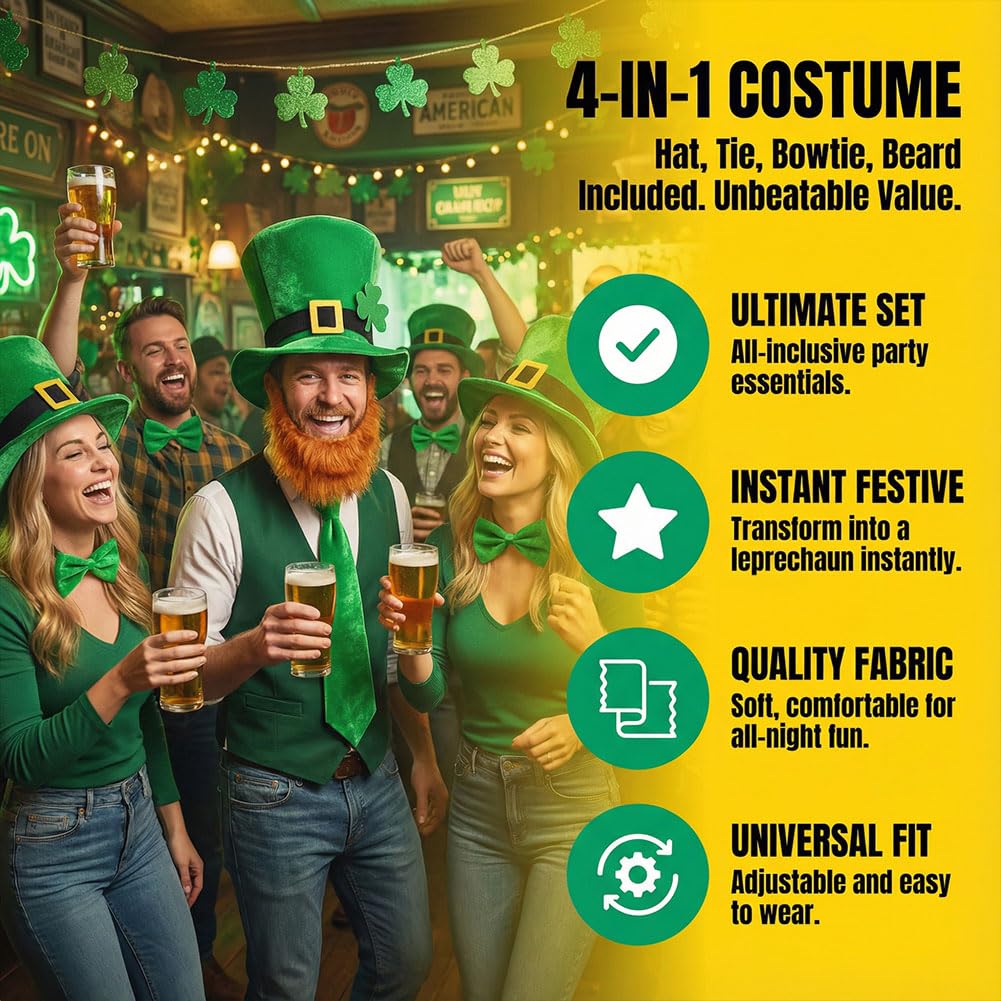 EduPlayte 4 Piece St Patrick's Day Costume Set, Hat, Beard, Tie, Bow Tie, Perfect for Irish Celebrations, Ireland - Image 4