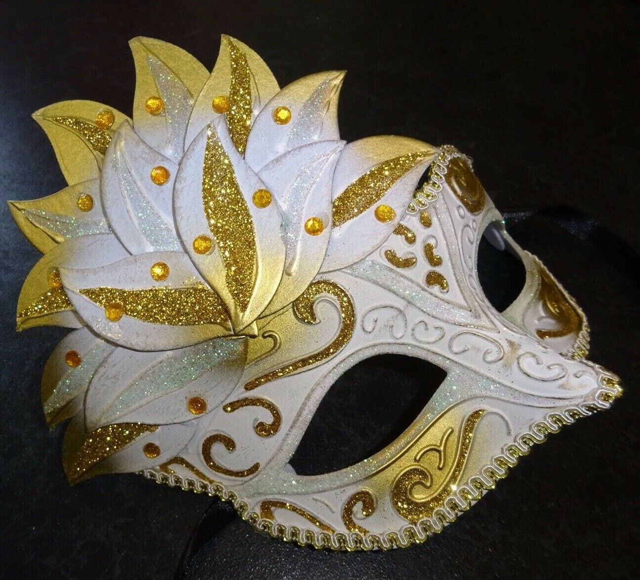 LADIES WHITE & SILVER JEWELLED VENETIAN MASQUERADE CARNIVAL PARTY EYE BALL MASK, White Gold, 17cm Deep