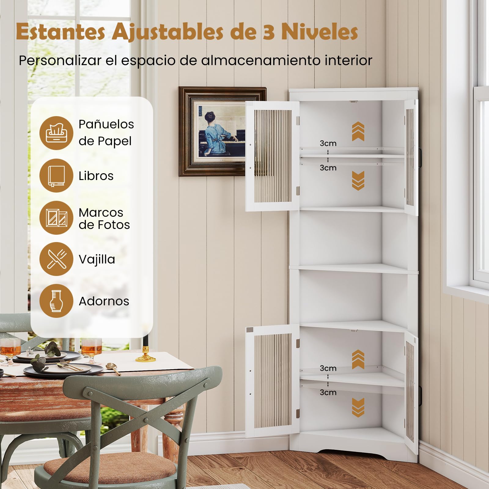 GOPLUS Armario de Esquina de 6 Niveles, Gabinete Alto Esquinero con 4 Puertas de Vidrio Templado, 2 Estantes Ajustables en 3 Niveles, Mueble de Baño de Suelo para Salón Cocina, Blanco